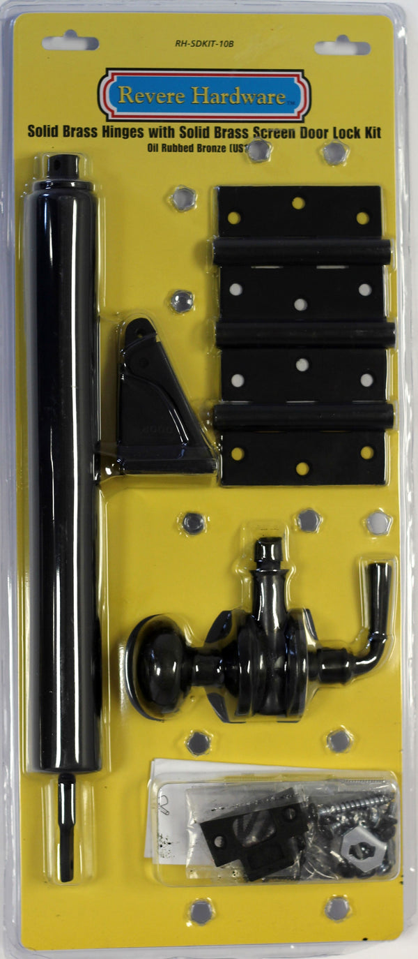 Revere Hardware Solid Brass Hinges with Solid Brass Screen Door Lock