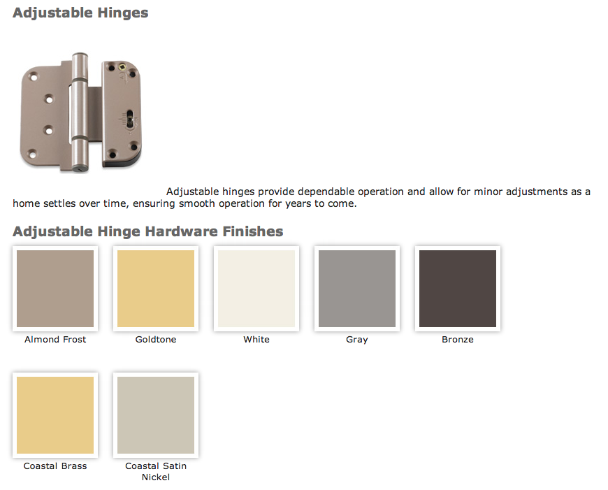 Integrity door hinge finish colors